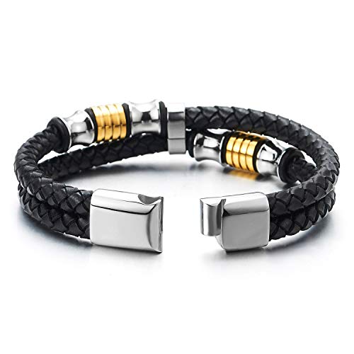 Men's Black Braided Leather Bracelet with Silver Gold Accents