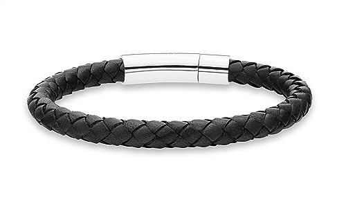 Men's Black Leather Braided Bracelet with Steel Clasp