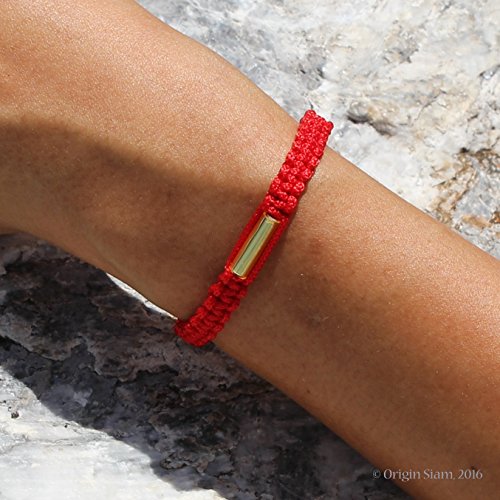 Origin Siam Handmade Thai Knot Wristband With Brass Amulet | Blessed Woven Macrame Bracelet | For Karma Good Luck Love Friendship Yoga Meditation Mindfulness (Red)