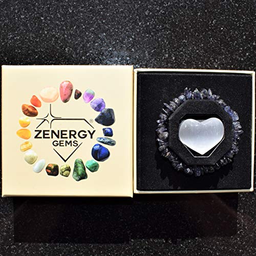 Iolite Crystal Stretchy Bracelet with Selenite Heart