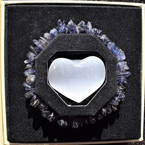 Iolite Crystal Stretchy Bracelet with Selenite Heart