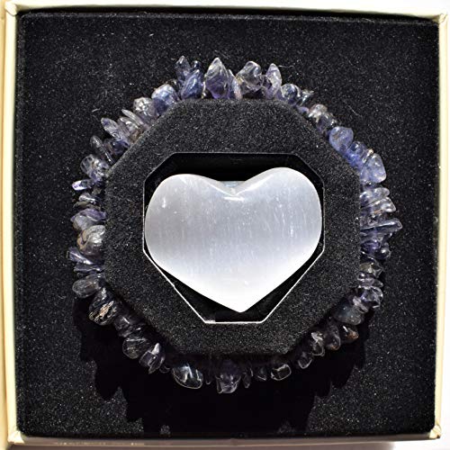 Iolite Crystal Stretchy Bracelet with Selenite Heart