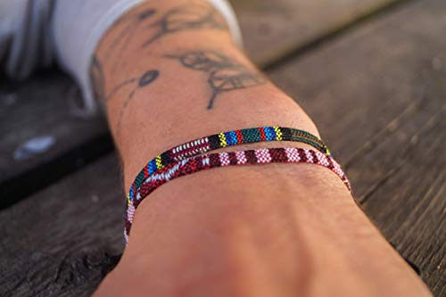 Surfer Beach Bracelet Set Men & Women - Braided Boho Summer Bracelets - Handmade Festival Jewelry - 100% Waterproof & Adjustable - Friendship Gift - Ethnic Hippie Style (Ruby Red & Aztec)