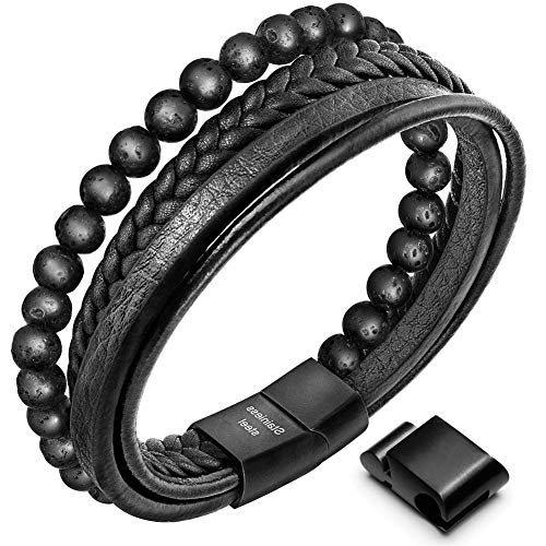 Men's Braided Lava and Onyx Leather Bracelet