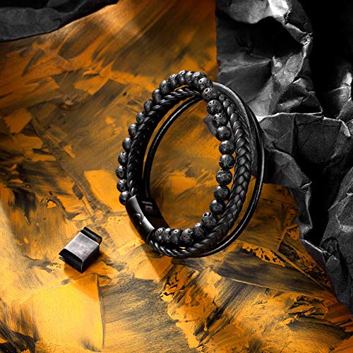 Men's Braided Lava and Onyx Leather Bracelet