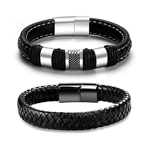 Handmade Black Leather & Steel Men's Bracelet