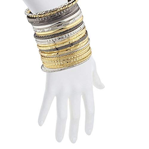 Boho Aztec Textured Mixed Metal Bangle Set