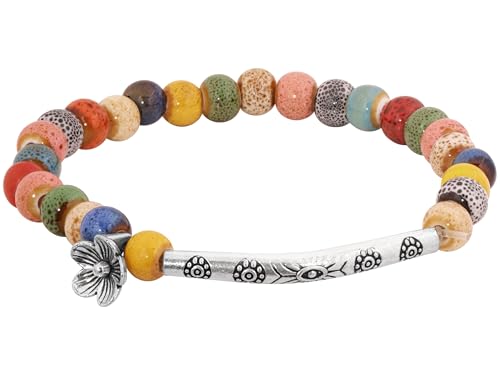 Colorful Bohemian Ceramic Bead Bracelet with Floral Charm