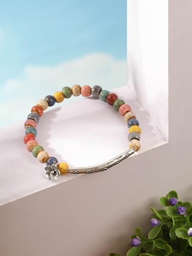 Colorful Bohemian Ceramic Bead Bracelet with Floral Charm