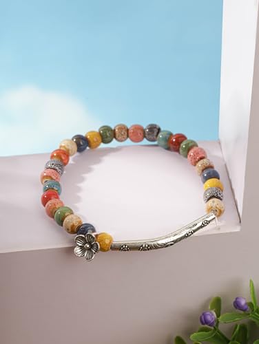 Colorful Bohemian Ceramic Bead Bracelet with Floral Charm