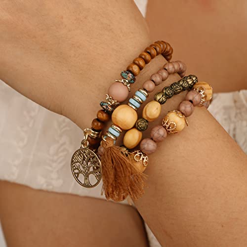Bohemian Coffee Layered Beaded Bracelet Set