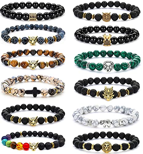 12Pcs Lava Rock & Onyx Lion Head Bracelets