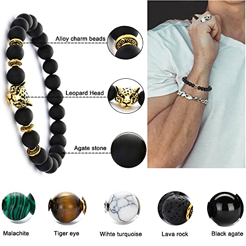 12Pcs Lava Rock & Onyx Lion Head Bracelets