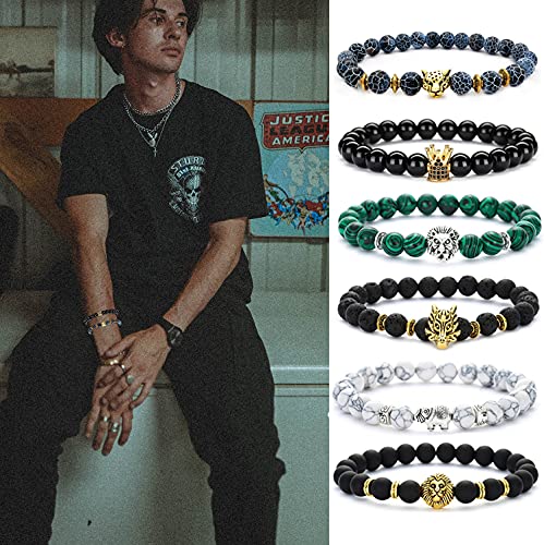 12Pcs Lava Rock & Onyx Lion Head Bracelets