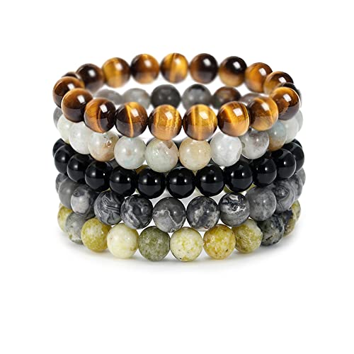 5PCS Semi-Precious Gemstone Stretch Bracelets Set