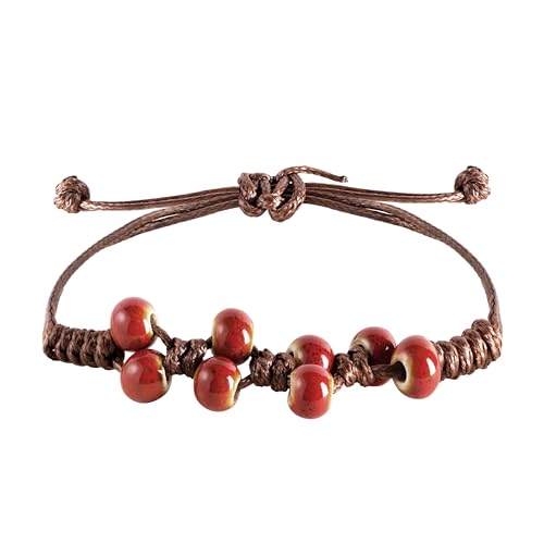 Bohemian Red Ceramic Bead Leather Bracelet
