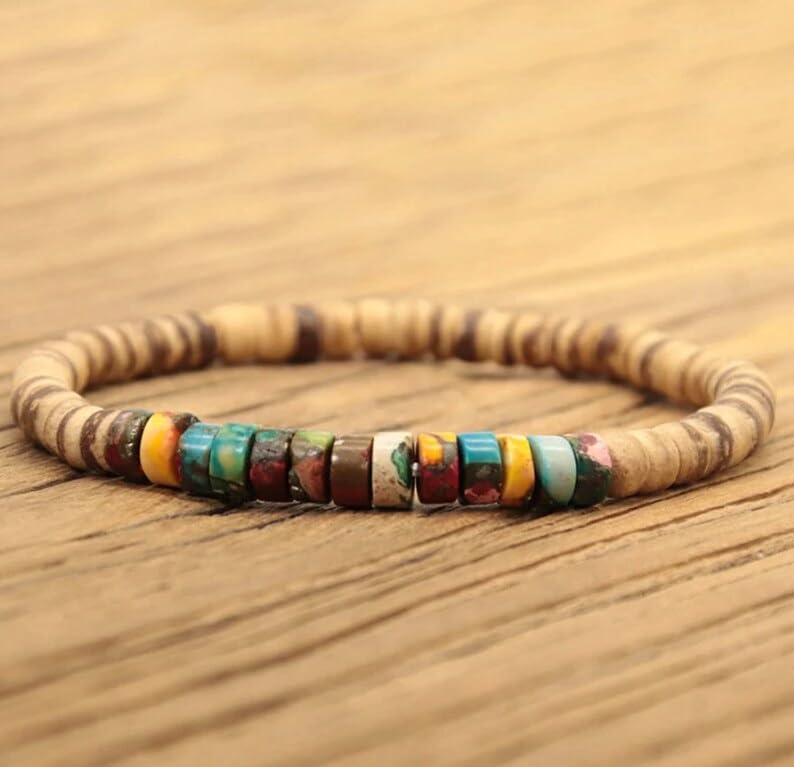 Boho Turquoise Jasper & Wood Unisex Stretch Bracelet