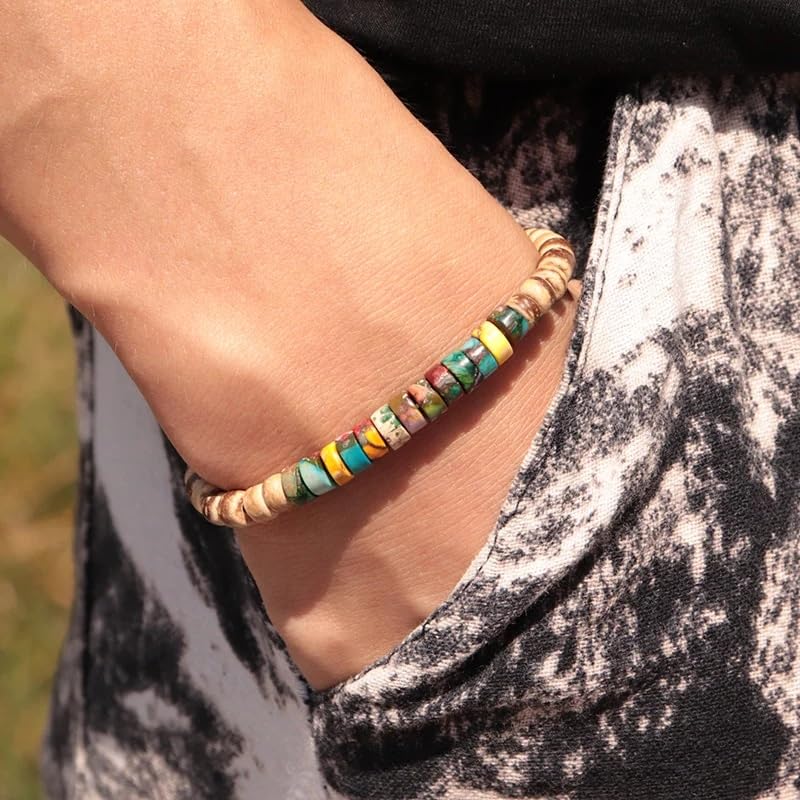 Boho Turquoise Jasper & Wood Unisex Stretch Bracelet