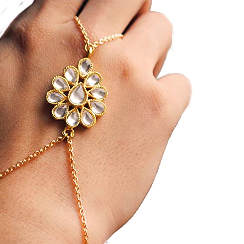 Golden Floral Kundan Hathphool Bracelet - Handmade Jewelry