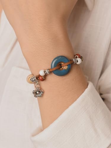 Bohemian Flower Charm Leather Bracelet for Women
