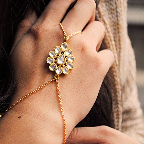 Golden Floral Kundan Hathphool Bracelet - Handmade Jewelry