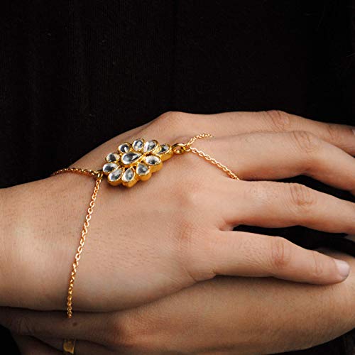 Golden Floral Kundan Hathphool Bracelet - Handmade Jewelry