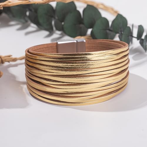 Boho Gold Leather Wrap Stackable Bracelets