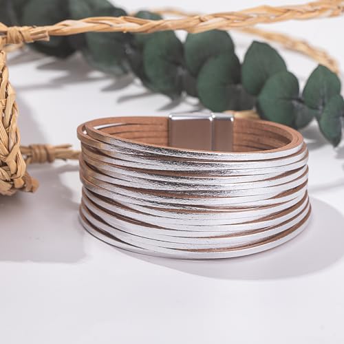 Shiny Boho Leather Wrap Stackable Bracelet for Women