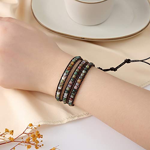 Handmade 3-Wrap Indian Agate Leather Bracelet