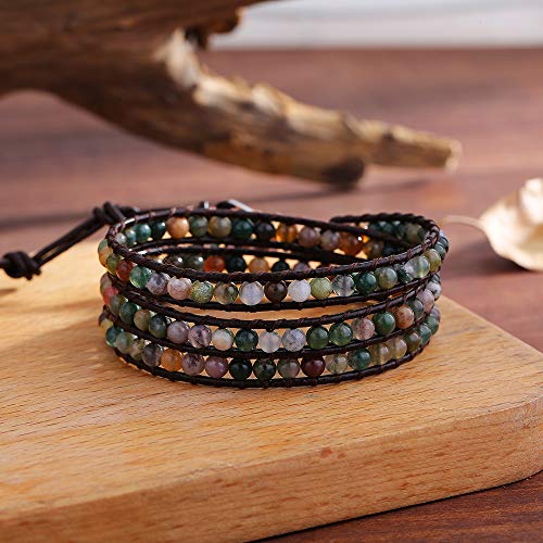 Handmade 3-Wrap Indian Agate Leather Bracelet