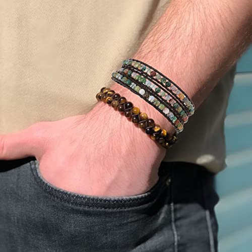 Handmade 3-Wrap Indian Agate Leather Bracelet