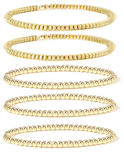 Dainty 14K Gold Beaded Bracelets Set for Women