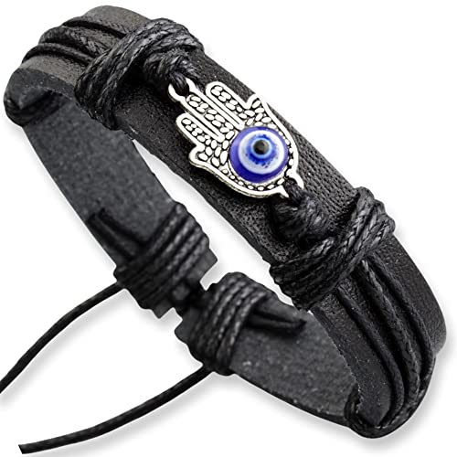 Handmade Black Hamsa Hand Men's Leather Bracelet