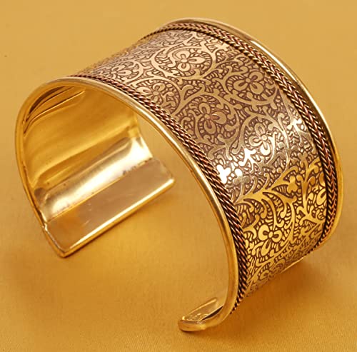 Bollywood Brass Floral Etching Cuff Bracelet for Women