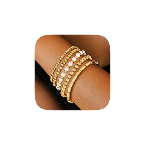 Elegant 14K Gold Beaded Stretch Bracelets Set