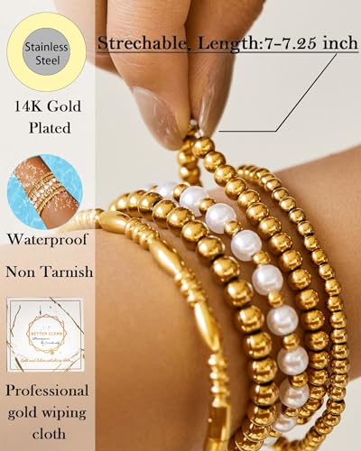Elegant 14K Gold Beaded Stretch Bracelets Set