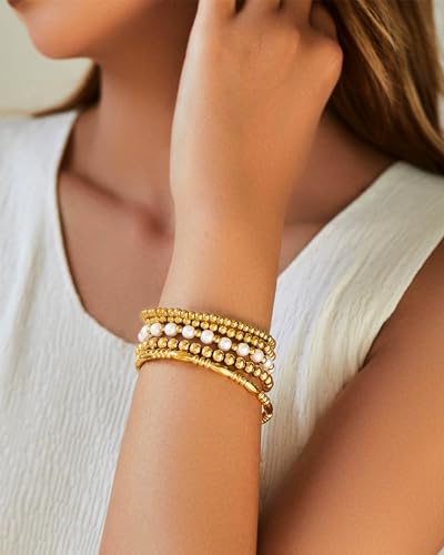 Elegant 14K Gold Beaded Stretch Bracelets Set