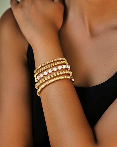 Elegant 14K Gold Beaded Stretch Bracelets Set