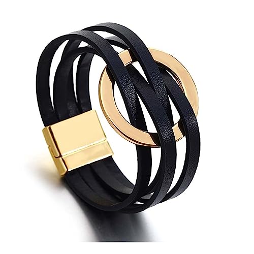 Handmade Black Leather Circle Charm Bracelet for Women
