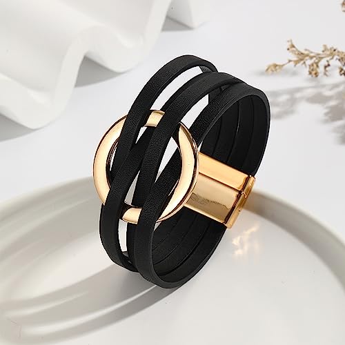 Handmade Black Leather Circle Charm Bracelet for Women