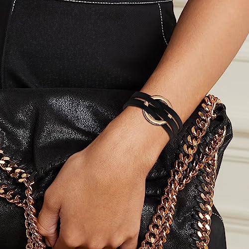 Handmade Black Leather Circle Charm Bracelet for Women