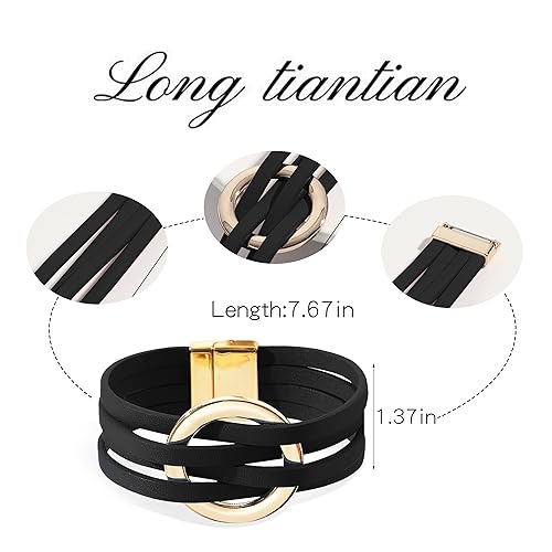 Handmade Black Leather Circle Charm Bracelet for Women