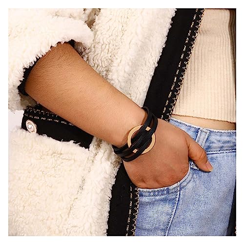 Handmade Black Leather Circle Charm Bracelet for Women