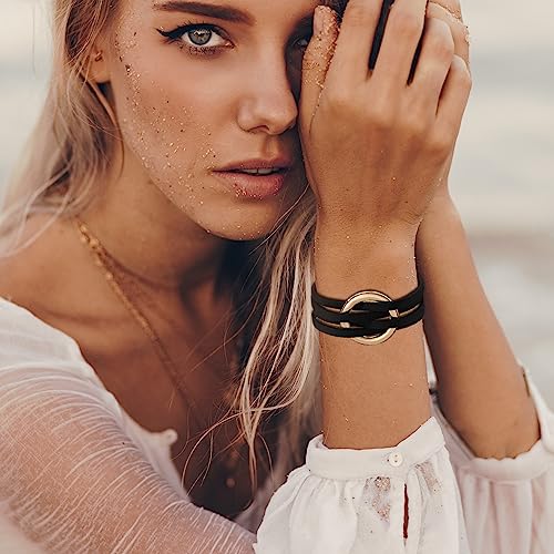 Handmade Black Leather Circle Charm Bracelet for Women