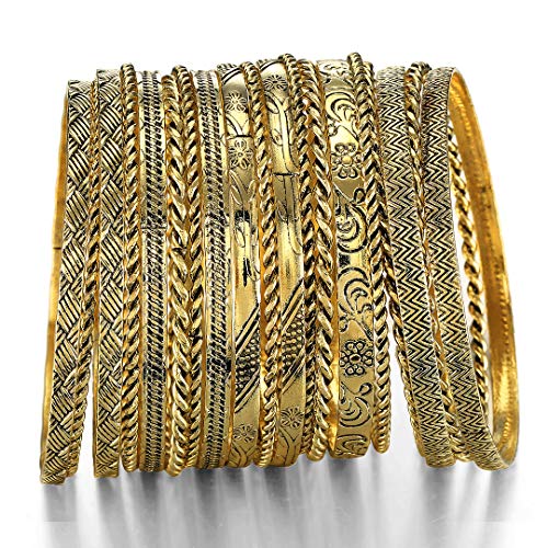 Antique Gold Flower Mixed Metal Bangle Bracelet Set
