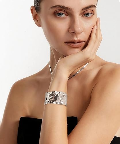 Silver Hammered Boho Cuff Bracelet for Women