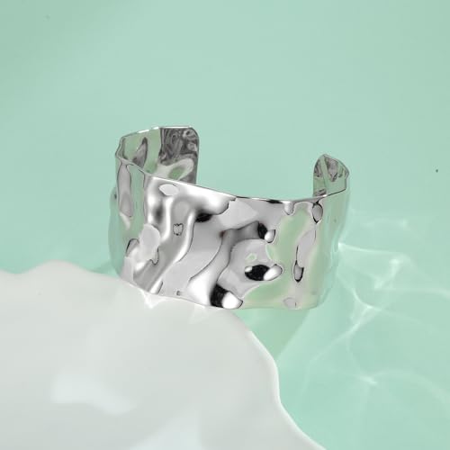 Silver Hammered Boho Cuff Bracelet for Women