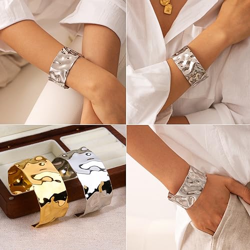 Silver Hammered Boho Cuff Bracelet for Women
