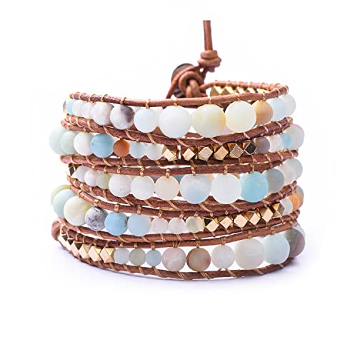 Boho Natural Stone Wrap Bracelet - Adjustable Leather