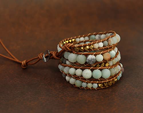 Boho Natural Stone Wrap Bracelet - Adjustable Leather